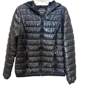Superdry women Blue metallic puffer logo jacket size 10